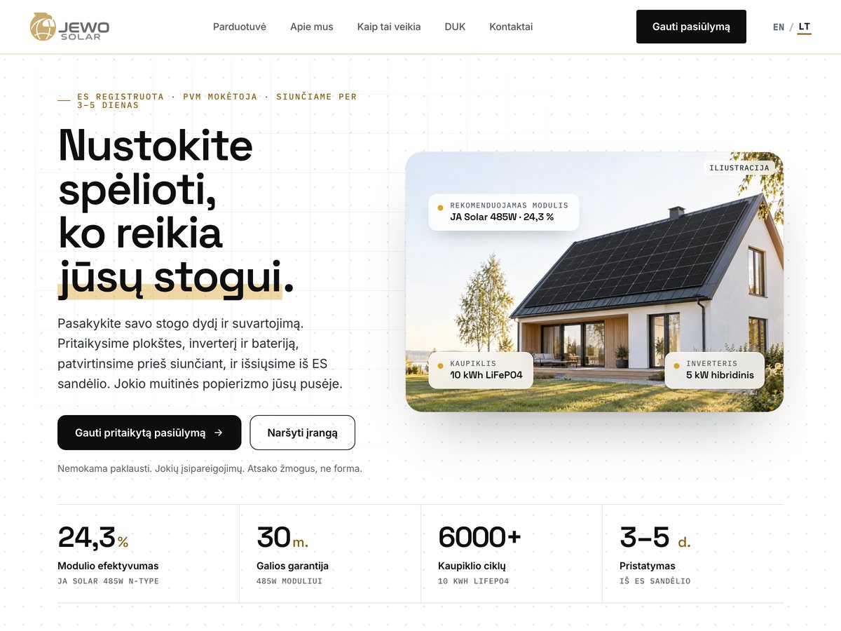 JEWO Solar: Online store for solar panels, inverters and home batteries, with a system-size calculator, buying guides and a free quote form.